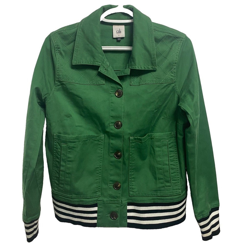 Cabi Women Mob‎ Bomber Jacket  Green Utility Button-up Coat Striped Cuff S-EUC